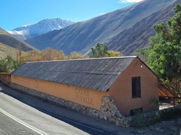 Fachada de 'Cavas del Valle', una bodega vinícola ubicada en el Valle del Elqui. El edificio de diseño rústico tiene paredes de color tierra y techo de lámina metálica, rodeado por un paisaje de montañas áridas y un cielo despejado. Al fondo, una cima nevada añade un toque majestuoso al entorno natural.