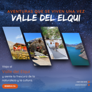 Promoción del tour Full Day Valle del Elqui con un diseño moderno que incluye imágenes destacadas de lugares emblemáticos del valle: restaurantes tradicionales, pisqueras, paisajes naturales y el embalse Puclaro. El fondo estrellado refleja la magia y tranquilidad de la región, acompañada de un llamado a la acción para reservar el tour.